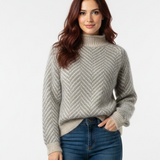 Ailley Damen Rollkragenpullover – Weicher Strick mit Chevron-Muster in Grau und Creme, lässiger Schnitt