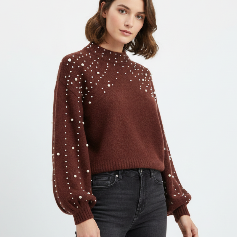 Valery Aureli naiste pullover – elegantne pärlitega kootud pullover ja stiilsed puhvvarrukad talvekuudeks