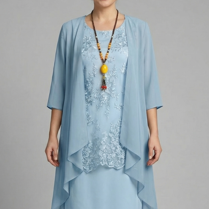 Damen Schichtkleid mit Rundhalsausschnitt und transparenter Überlage