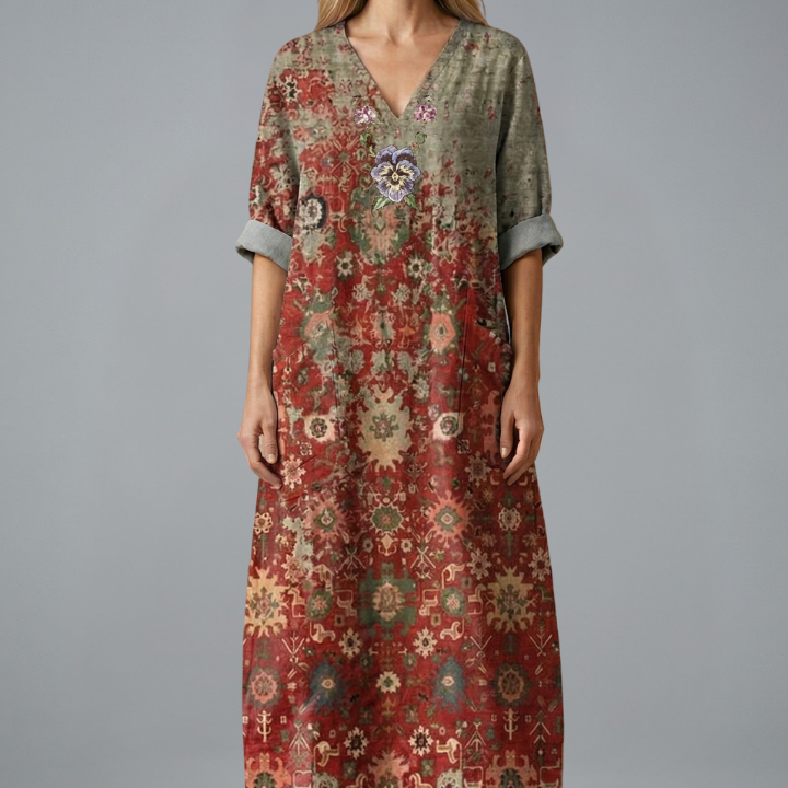 Maxikleid für Damen mit Stickerei und Seitentaschen