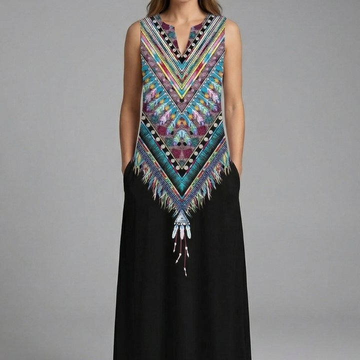 Maxikleid für Damen mit Schlitz-Ausschnitt und ärmellosem Design