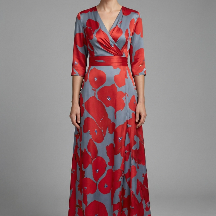 Damen Maxi Kleid mit V-Ausschnitt und Wickelbund