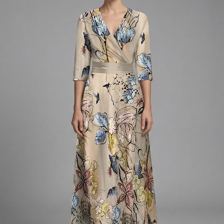 Damen Maxi Kleid mit V-Ausschnitt und Wickelbund
