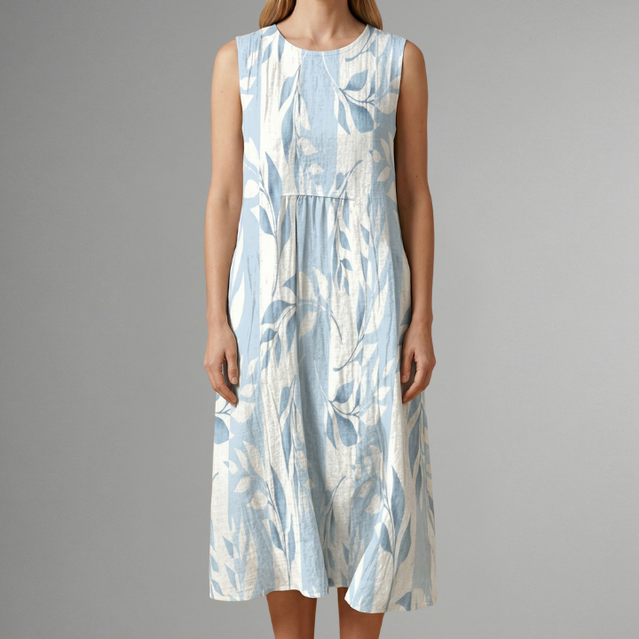 Damen Midi-Kleid mit Rundhalsausschnitt und Blattmuster