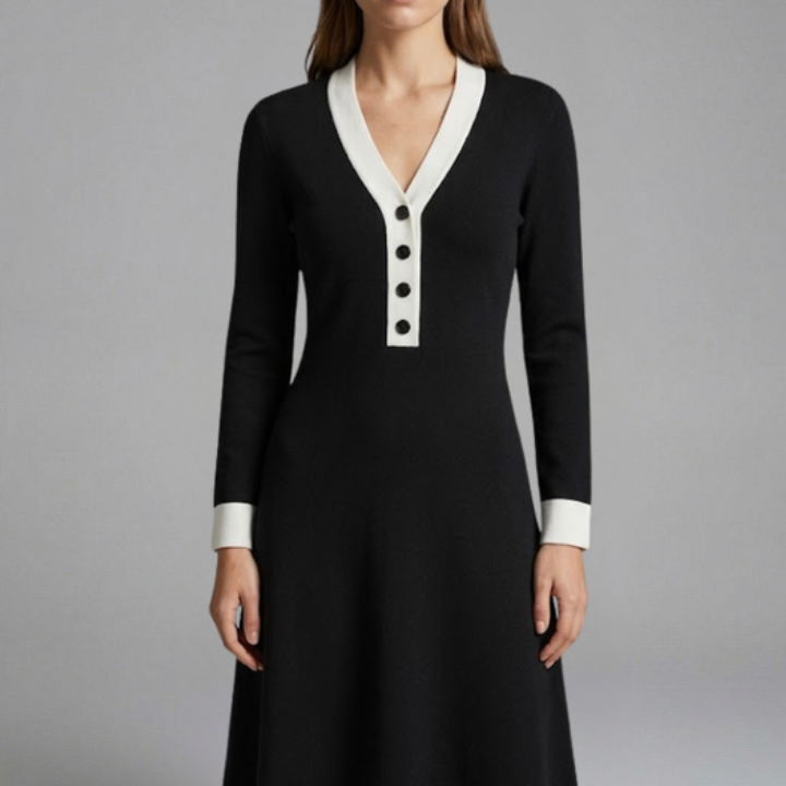 Damen Midi Kleid mit V-Ausschnitt und Knopfdetails