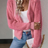 Marie | Damen Flauschiger V-Ausschnitt Strickjacke Cardigan mit Knopfleiste