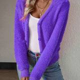 Marie | Damen Flauschiger V-Ausschnitt Strickjacke Cardigan mit Knopfleiste