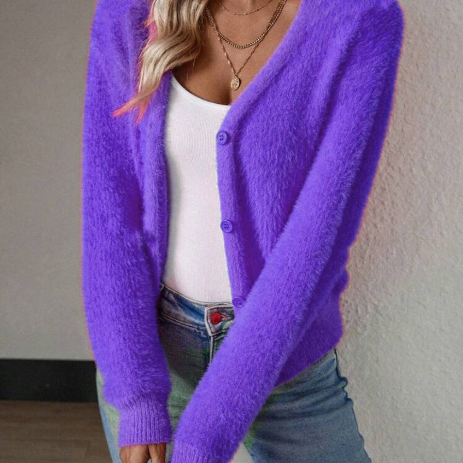 Marie | Damen Flauschiger V-Ausschnitt Strickjacke Cardigan mit Knopfleiste