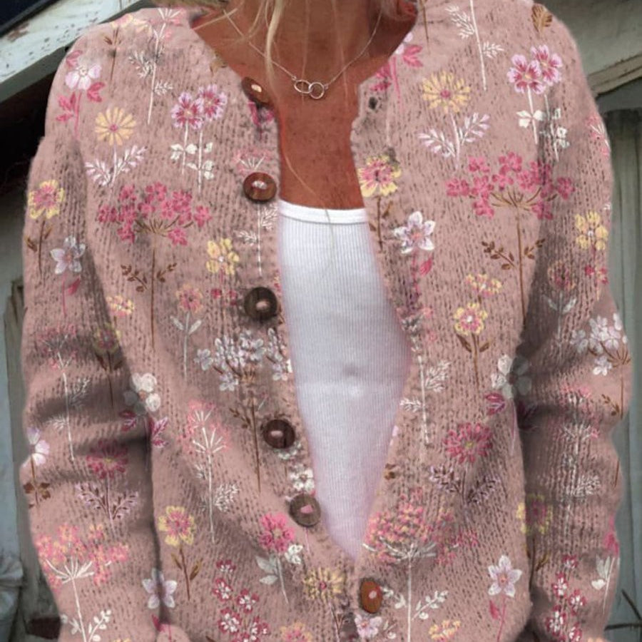 Charlotte | Damen Langarm Strick-Cardigan mit Blumenmuster
