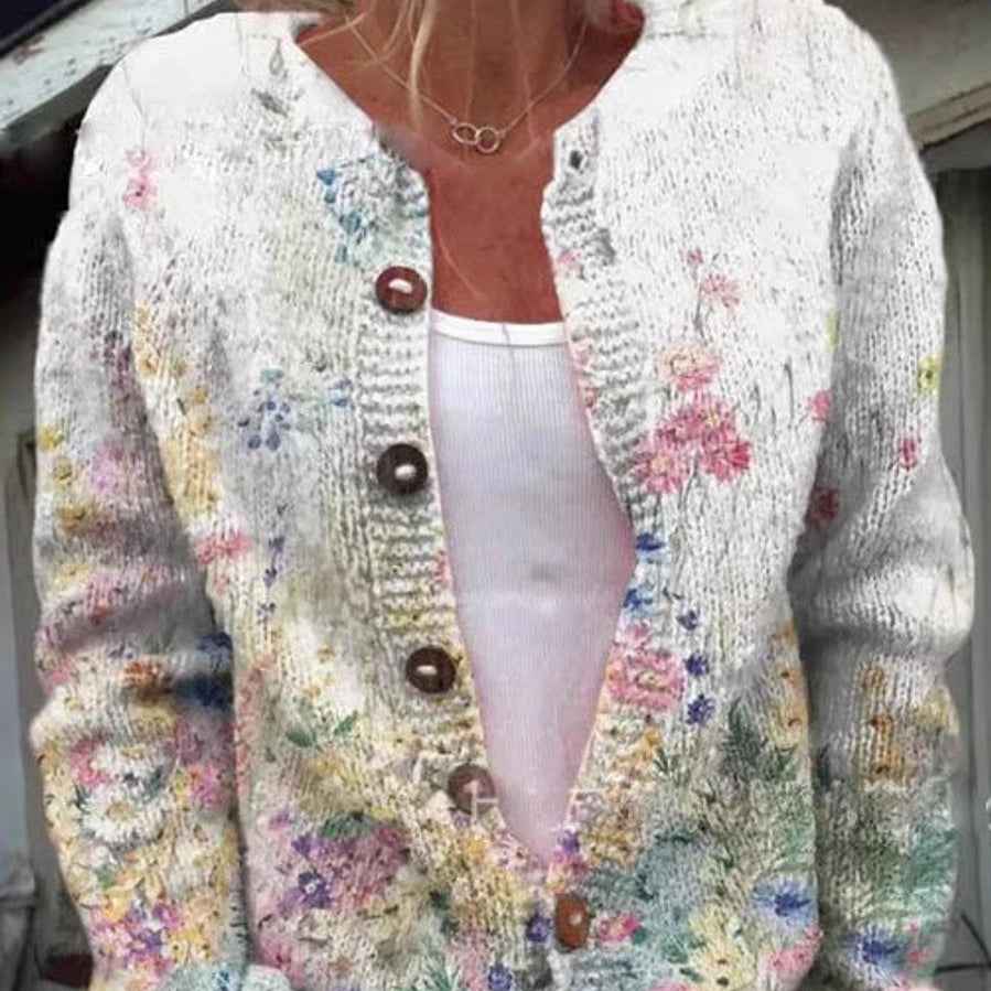 Charlotte | Damen Langarm Strick-Cardigan mit Blumenmuster