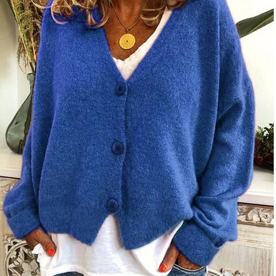 Frieda | Damen Leichter V-Ausschnitt Geknöpfter Oversized Cardigan