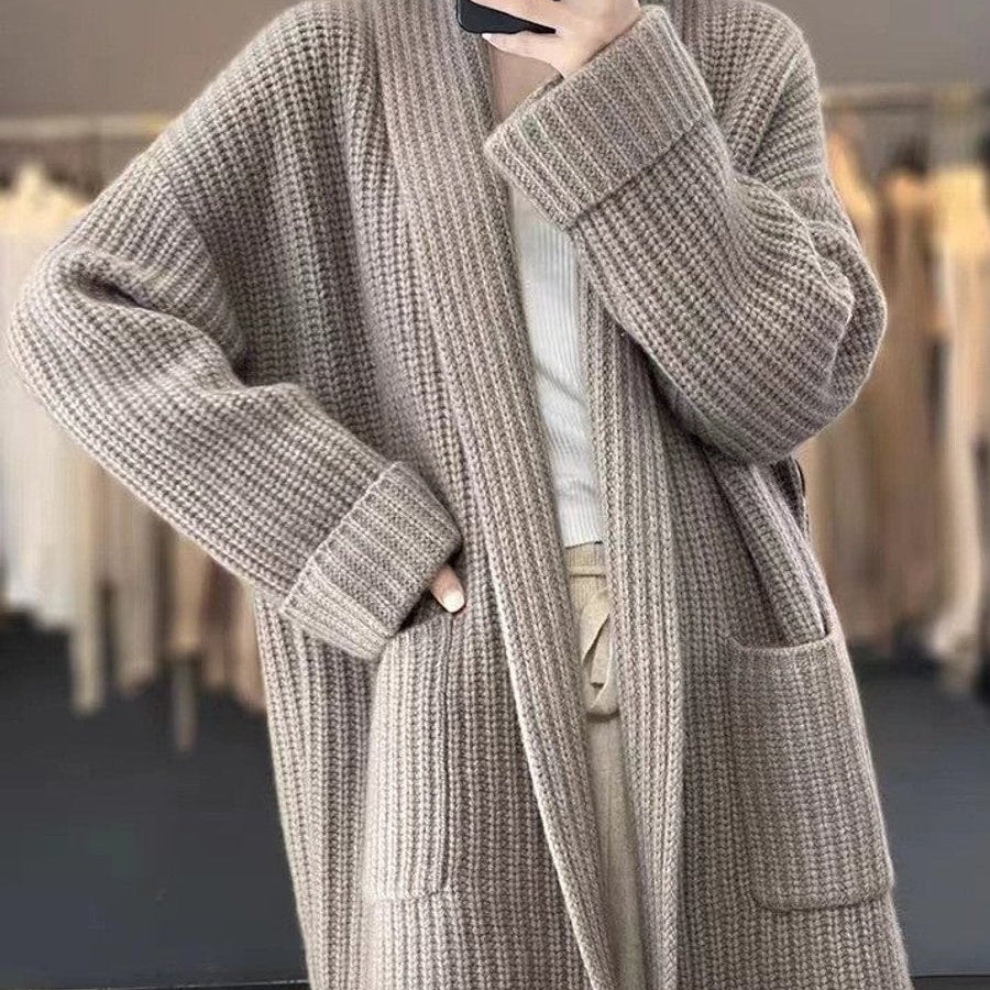 Elisabeth | Damen Oversize Strick-Cardigan mit V-Ausschnitt und Taschen
