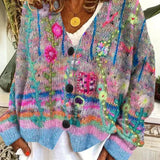 Marie | Damen Retro Blumen-Cardigan mit Knopfleiste in Buntem Strickdesign