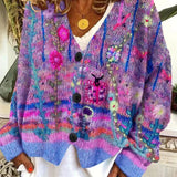 Marie | Damen Retro Blumen-Cardigan mit Knopfleiste in Buntem Strickdesign