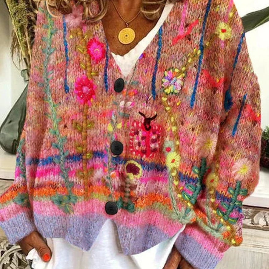 Marie | Damen Retro Blumen-Cardigan mit Knopfleiste in Buntem Strickdesign