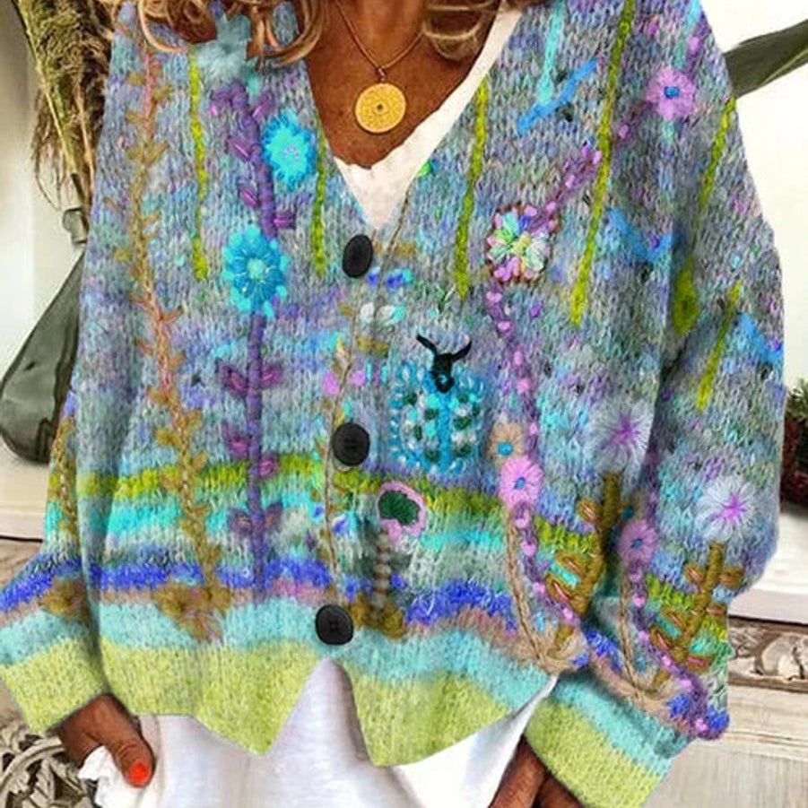Marie | Damen Retro Blumen-Cardigan mit Knopfleiste in Buntem Strickdesign