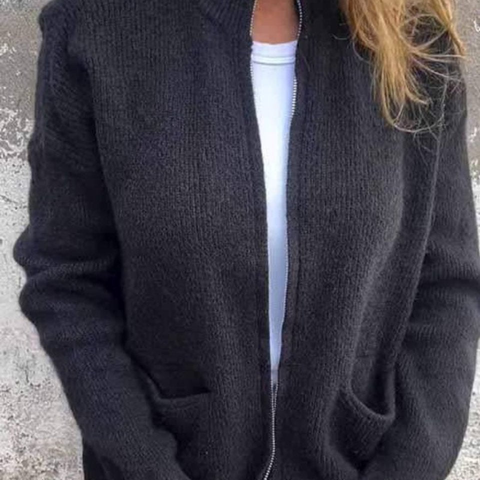 Clara | Damen Strick-Cardigan mit Reißverschluss lockere Passform Fronttaschen