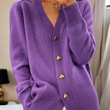 Leonie | Damen V-Ausschnitt Strick-Cardigan mit Herzknöpfen Relaxed Fit