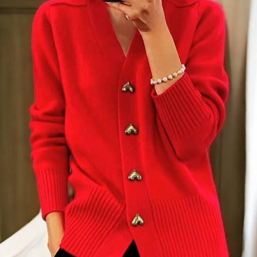 Leonie | Damen V-Ausschnitt Strick-Cardigan mit Herzknöpfen Relaxed Fit