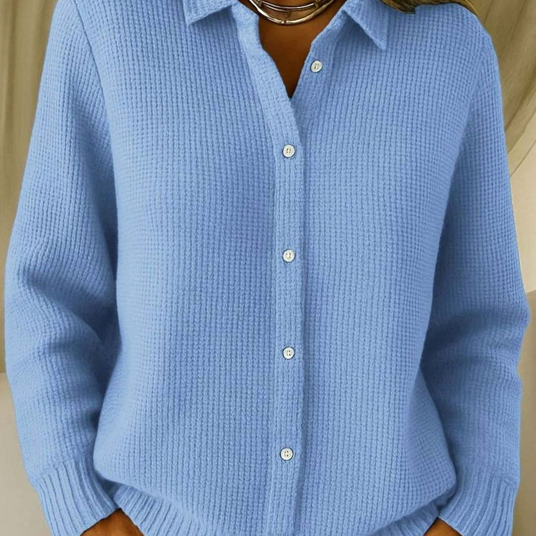 Frieda | Strickjacke Damen Hemdkragen Tailliert Hüftlang Langarm Cardigan