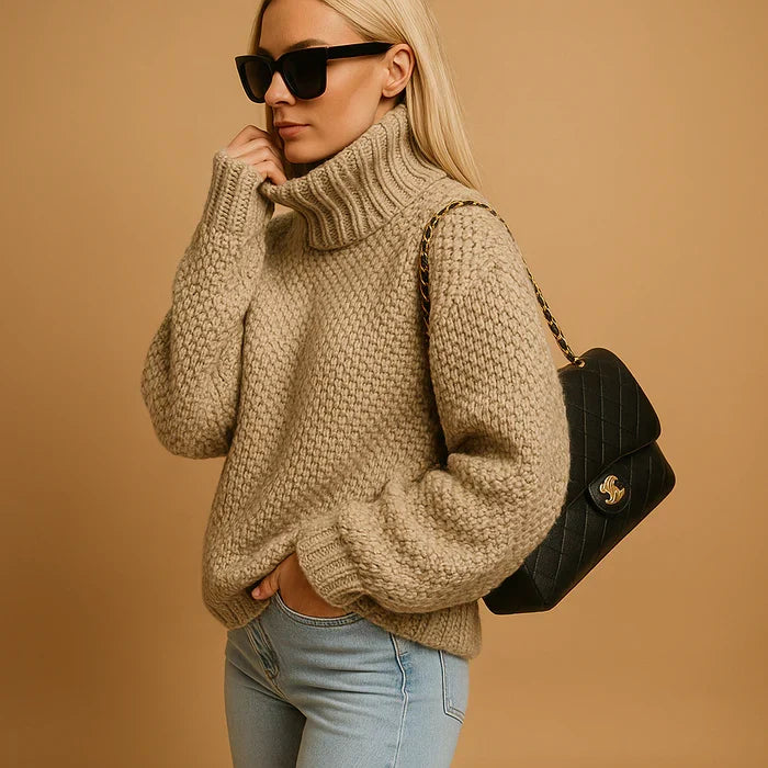 Damen Rollkragenpullover aus dicker, lässiger Strickware in elegantem neutralen Farbton
